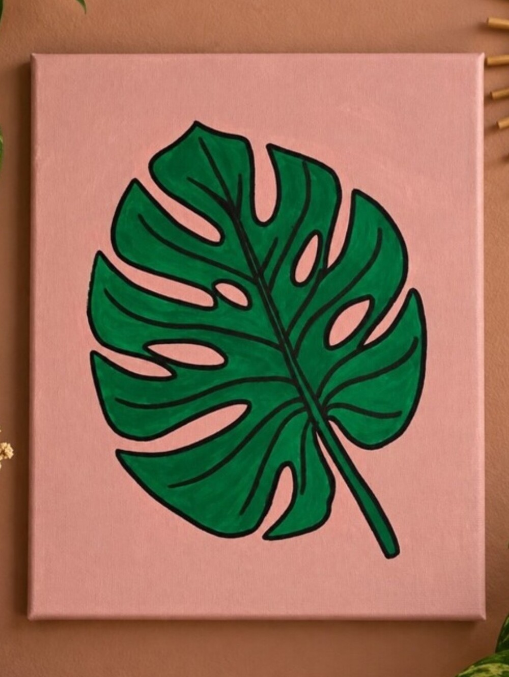 Green Monstera Leaf Wall Art on Pink Background 8x10"